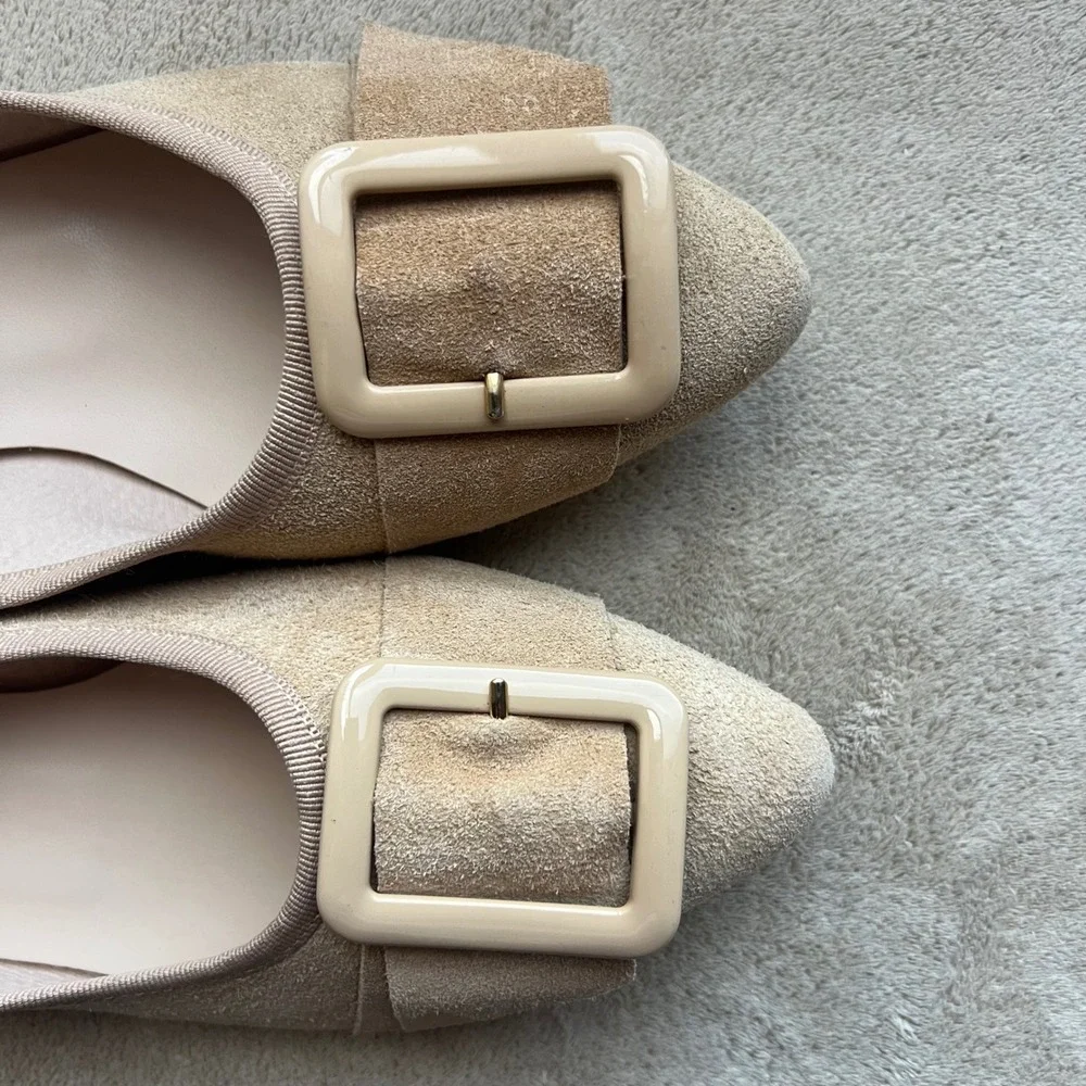 Avellini Women 8 EU‎ 39 Tan Suede Pointed Toe Buckle Ballet Flats Italy Classic